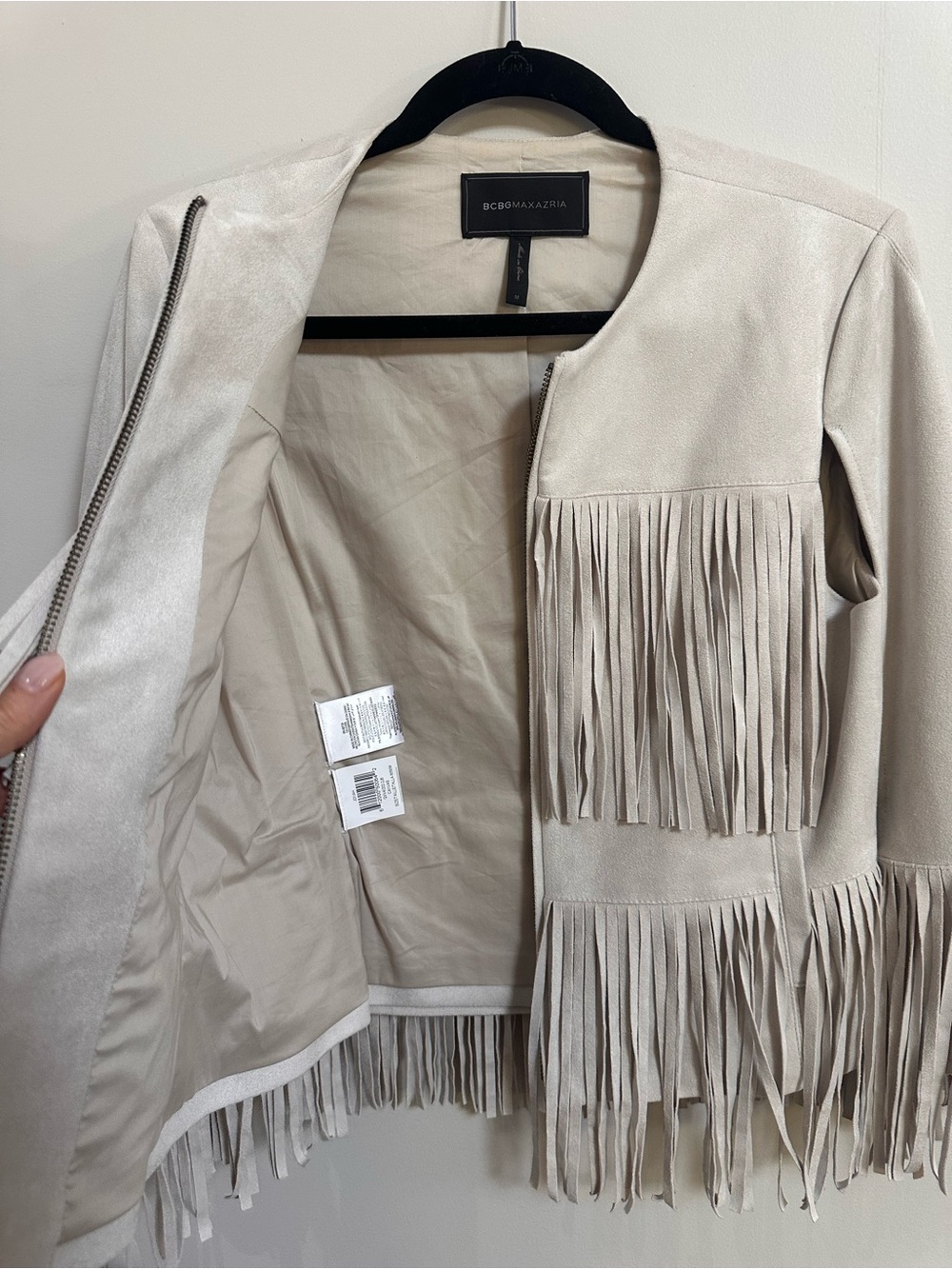 BCBGMaxAzria Light Beige Suede Fringe Jacket and Skirt Set - Picture 3 of 9